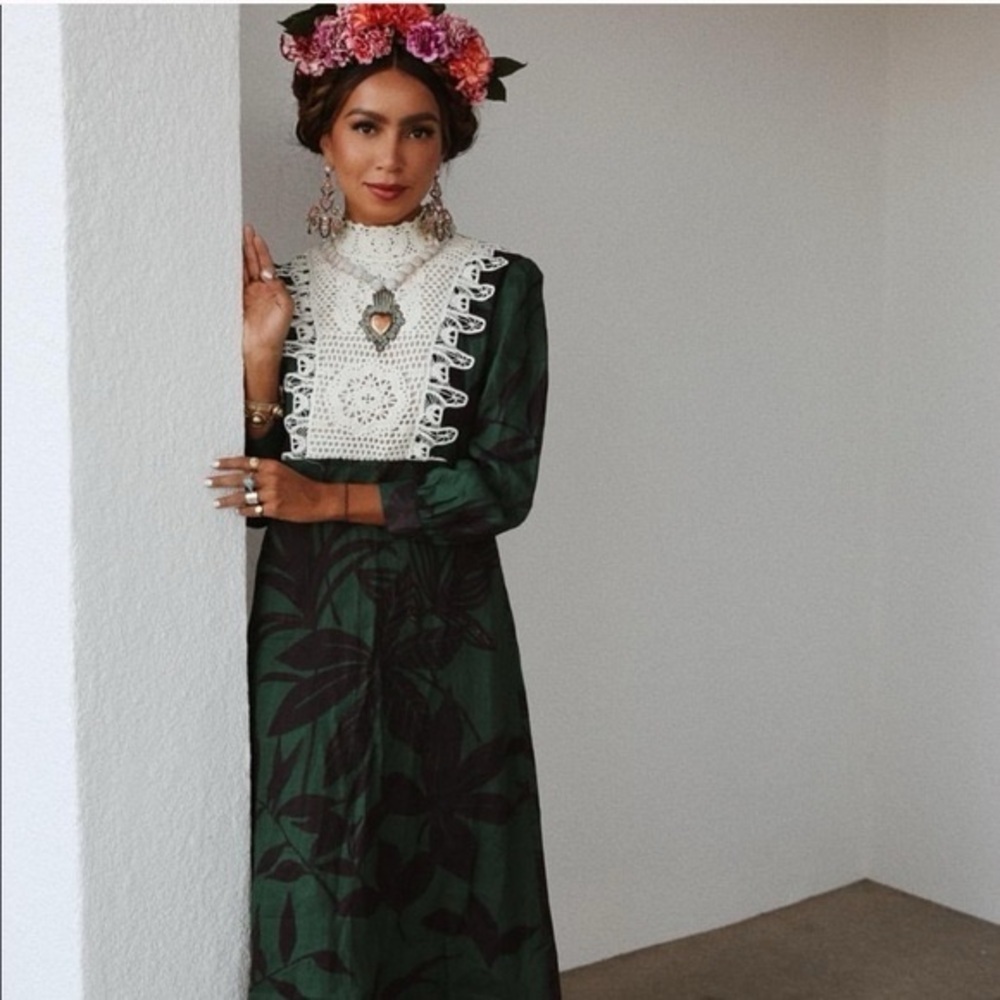 Zara Green Linen Palm Leaf Crochet Accent Midi Dress Small - Picture 4 of 16